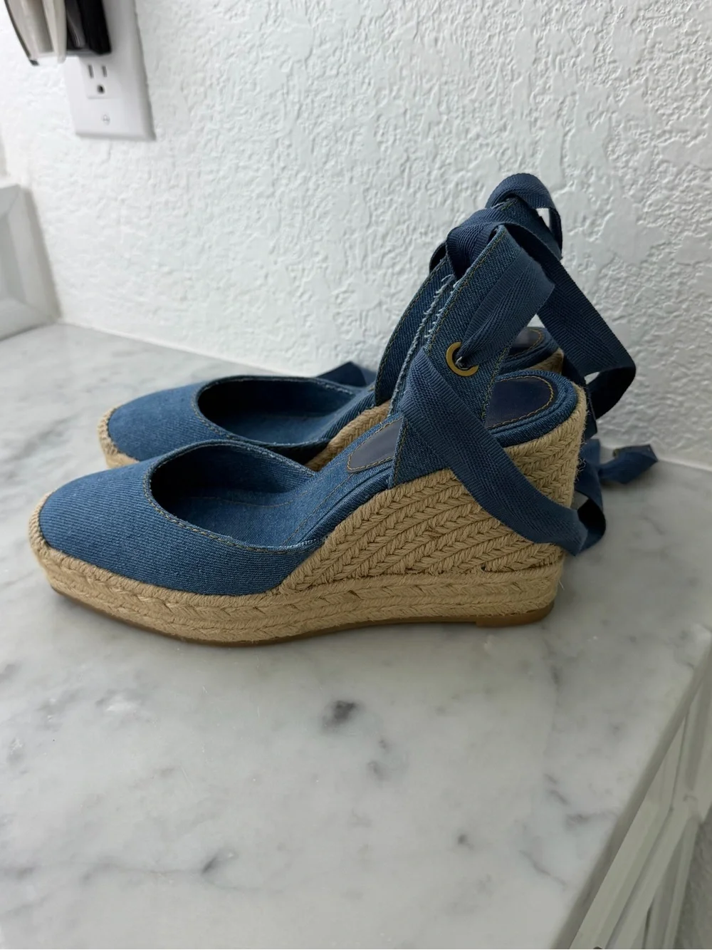 Zara Denim Blue Espadrille Wedges with Ankle Wraps